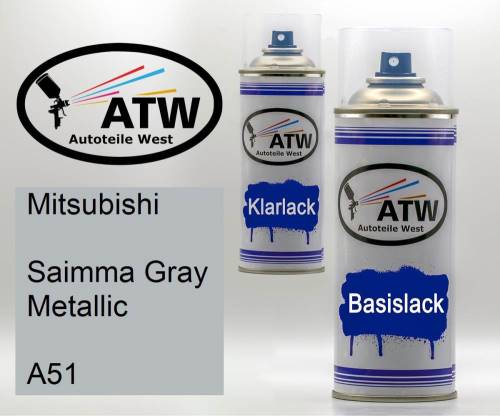 Mitsubishi, Saimma Gray Metallic, A51: 400ml Sprühdose + 400ml Klarlack - Set, von ATW Autoteile West.